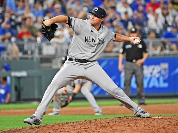 Aug 9, 2021; Kansas City, Missouri, USA; New York Yankees relief pitcher Zack Britton (53) delivers a pitch against the Kansas City Royals during the ninth inning at Kauffman Stadium.
